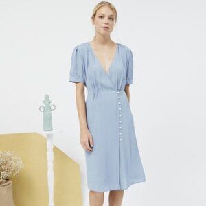 NAIF MONTREAL BABY BLUE BUTTON FRONT WRAP MIDI DRESS - M